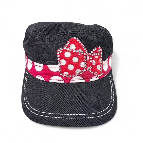 Disney Parks Authentic Other - Disney Parks Black Cadet Cap Red Polka Dot Bow Rhinestone Accent Adjustable Hat